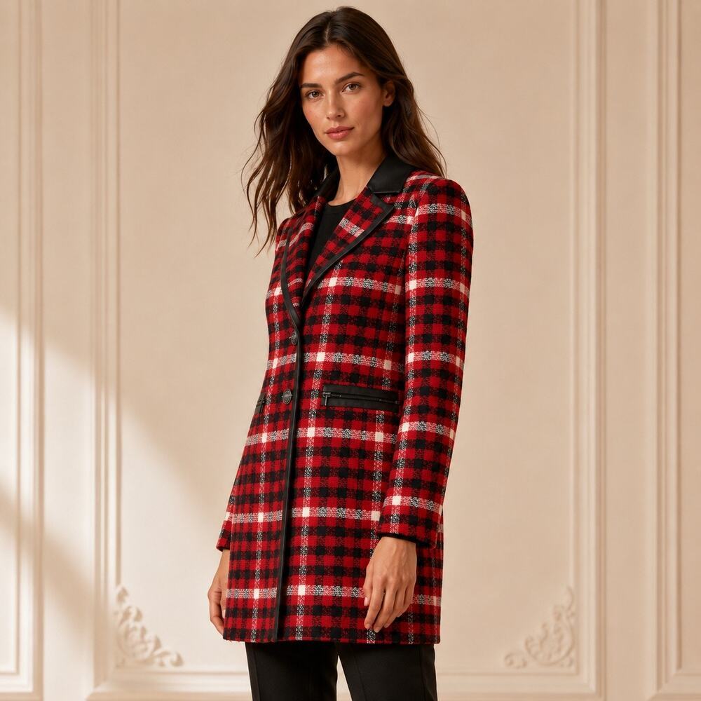 Holiday Glam Preppy Karl Lagerfeld Statement Red Plaid Faux Leather Trim Coat 10